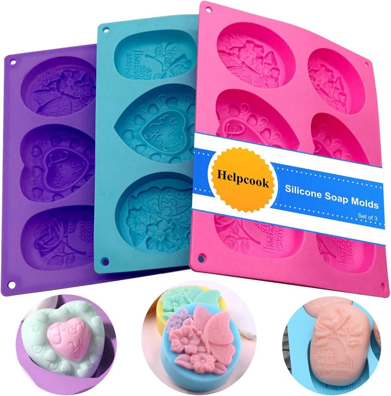 3 Pack Silicone Soap Molds, 6 Cavities, Mixed Patterns, Blue,Pink,Rose,Purple