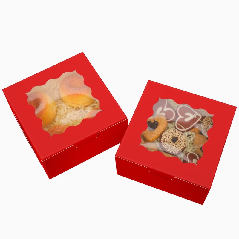 60pcs Red Bakery Boxes with Window 6x6x3 inches Thick & Cookie Boxes & Sturdy... gallery