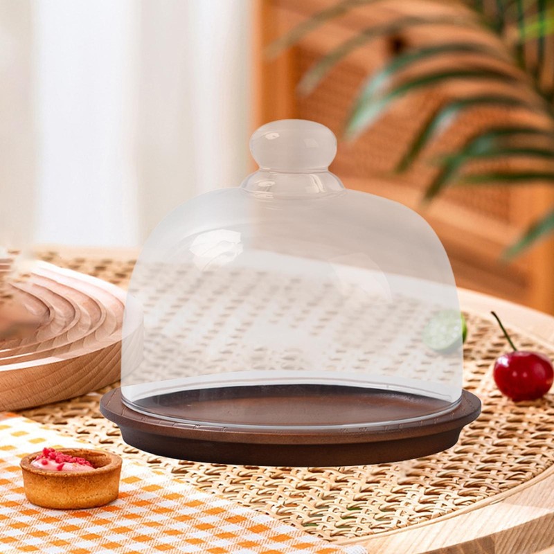 Wood Cake Tray with Glass Dome Cheese Cover Dustproof Fruit Plate Food Storage