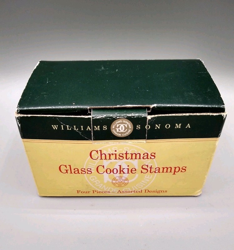 Williams Sonoma glass Cookie Stamps Set Of 4 w/ box Holly, Bell, snowflake, star gallery