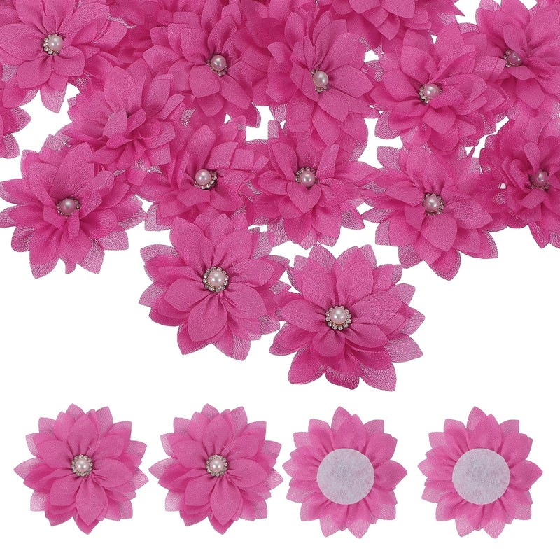 30Pcs Flowers Fabric with Beads 2″ Sew Red/Pink