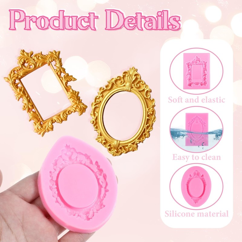 4 Pcs Baroque Style Photo Frame Silicone Molds for Clay Chocolate Candy gallery