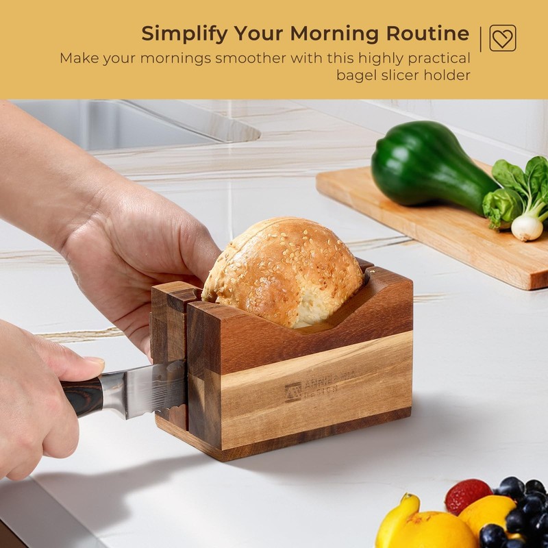 Annie Mia Design Premium Acacia Wood Bagel Slicer For Large Bagel Stylish Ha... gallery