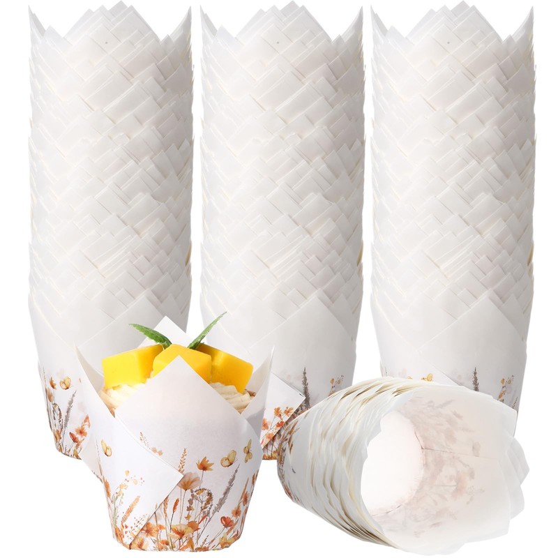 200 PCS Fall Floral Tulip Cupcake Liners Autumn Wildflower Muffin Cups