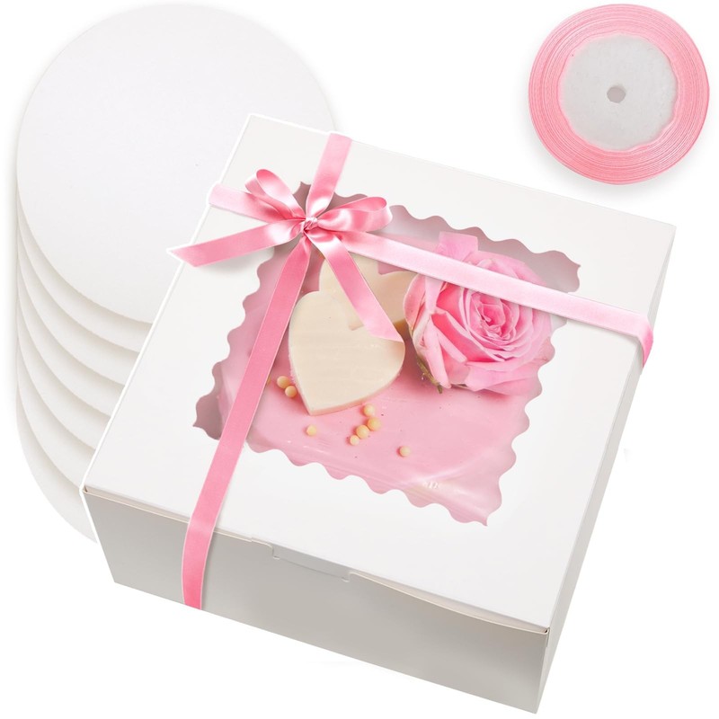 36 PCS 8x8x5 Inch Cake Boxes Window White 8 Inch Bakery Boards Ribbon Included