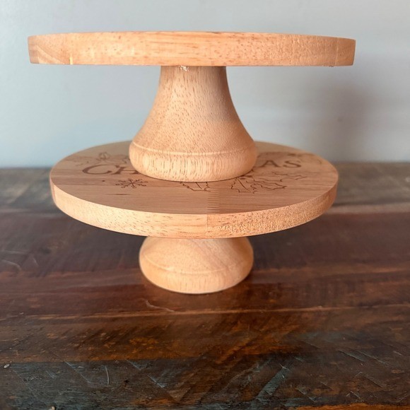 Set of 2 Wooden 6.5" Merry Christmas Cake Stands Dessert Display Lazer Engraved gallery