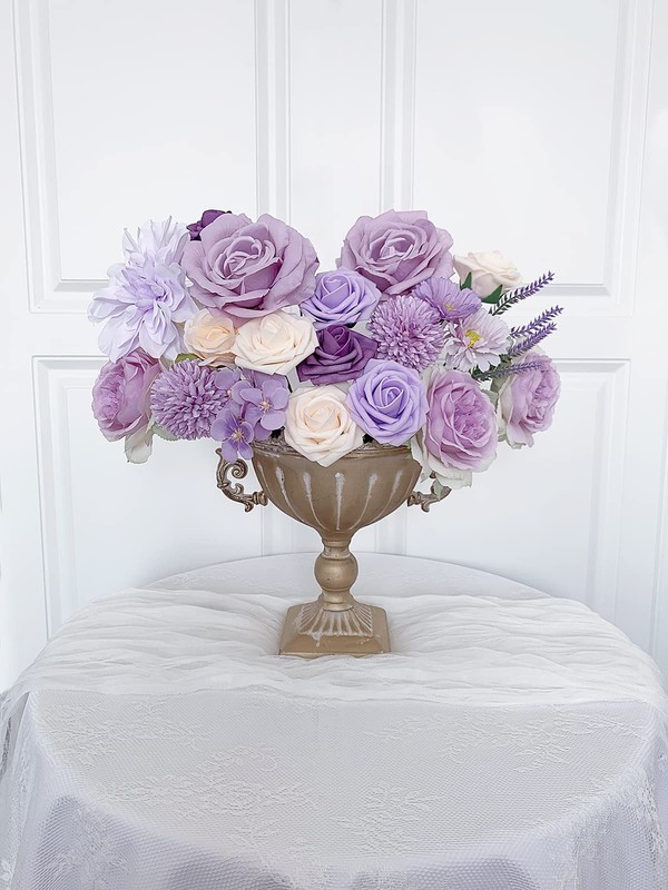FACINOC Purple Roses Artificial Flowers Box Set with Stems - Realistic Faux Flor gallery