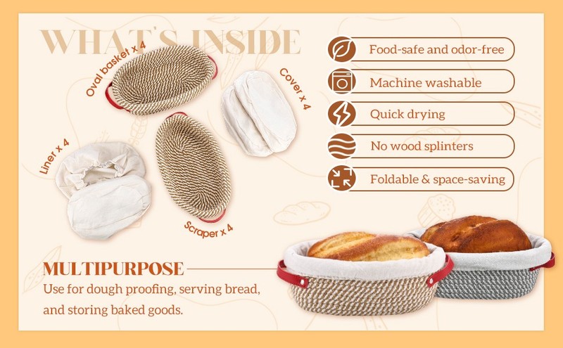 joy 4 Pcs 10 Inch Cotton Rope Banneton Bread Proofing Basket Set Oval gallery