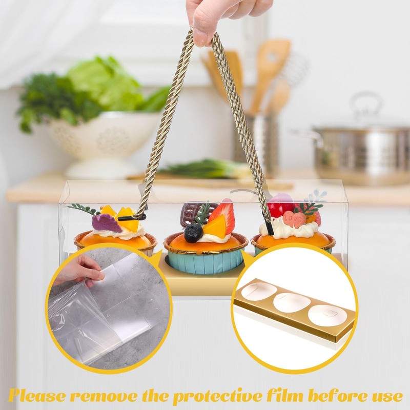 40 PCS Gold Clear Cupcake Boxes 3Count Containers With Handle 9x3x3 Inch gallery