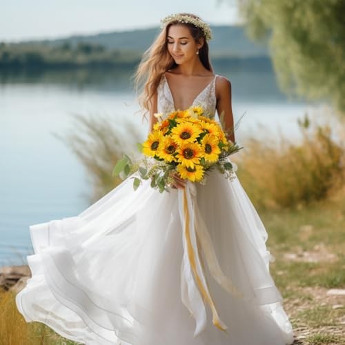 Artificial Sunflowers with Stems,10pcs Faux Silk Yellow Flower Yellow 10pcs gallery