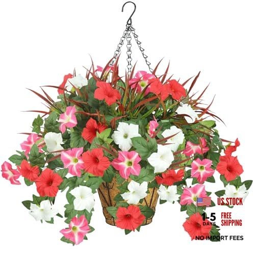 Artificial Flowers Hanging Baskets 5 Pcs with Basket White Red Pink With Basket