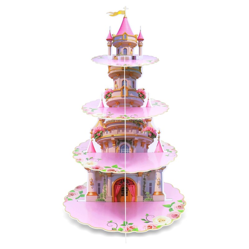 4-Tier Princess Extra Large Cupcake Stand – Pink Castle Theme Reusable Desser…