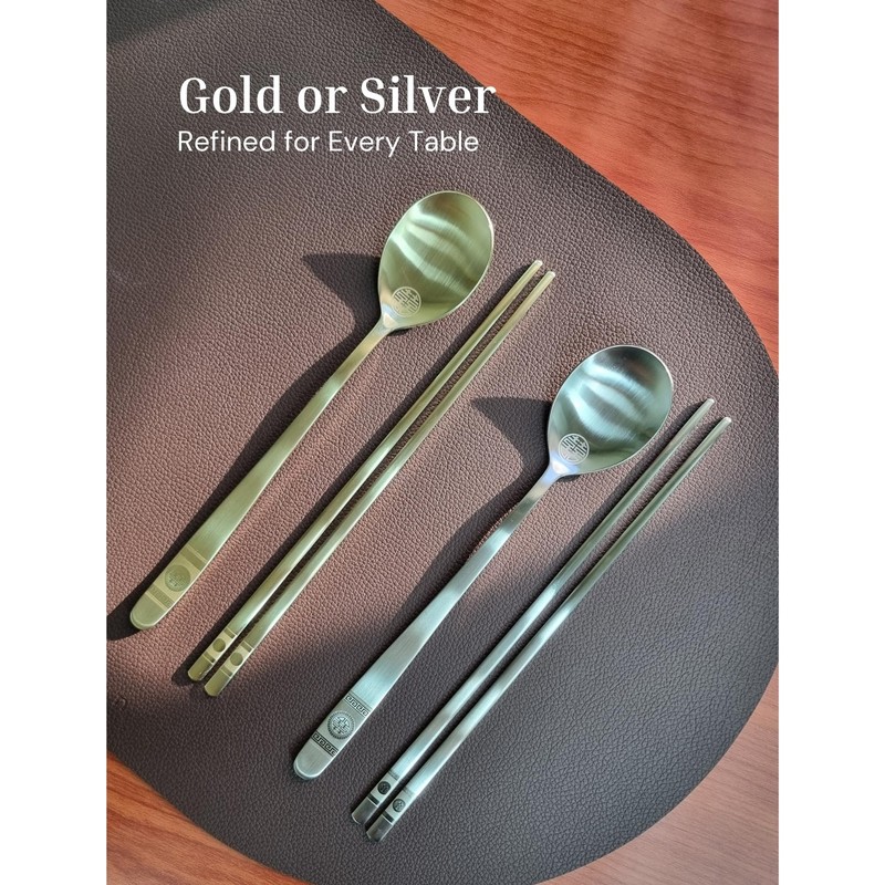 Korean Spoon and Chopstick 2 Set – Premium 18/10 Titanium Gold – Double Happi... gallery