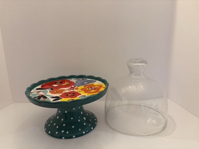 Pioneer Woman Ceramic Cup Cake Stand & Glass Cover Polka Dots and Floral Pattern gallery