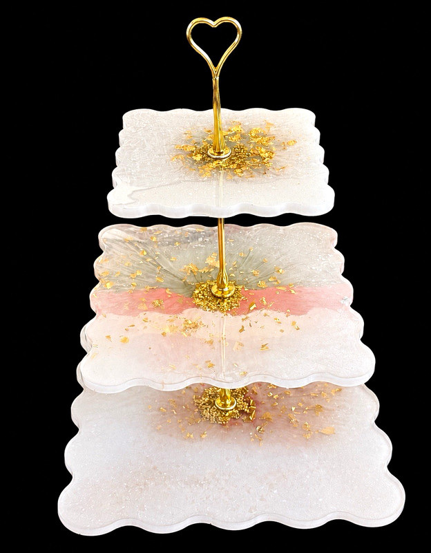 3 Tier Square Cake Stand White/Gold Marbled Glossy Finish with Handle