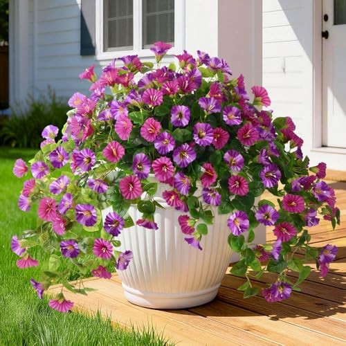 Artificial Fake Flowers Plants UV Resistant, Faux Petunias Silk Light Purple