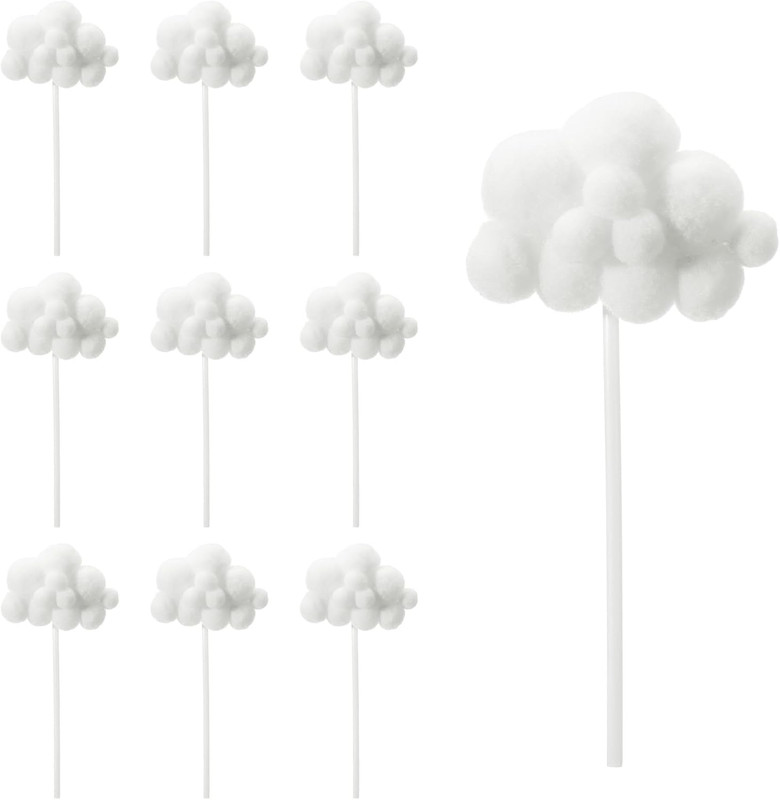 10Pcs Cloud Cake Topper, Plush Cloud Cupcake Toppers Yarn Ball Dessert Picks Whi