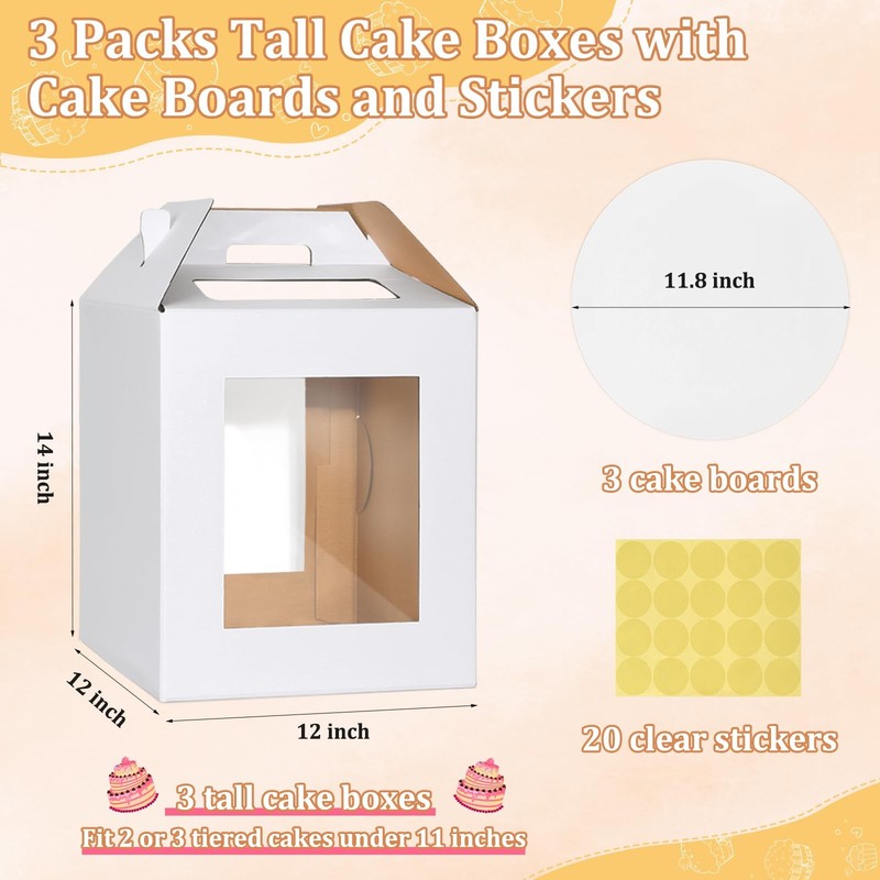 3 Pack Tall Cake Box for Tier Cake with Cake Board, 12 x 12 x 14 Inch Large T... gallery