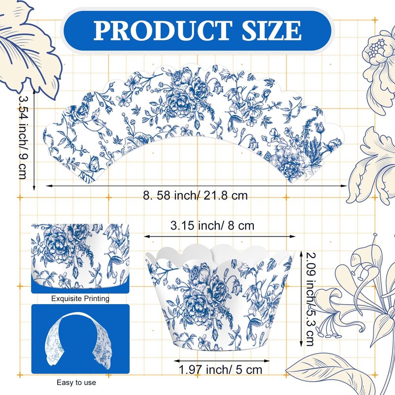 100 PCS Blue Floral Cupcake Wrappers Rustic Cupcake Liners Baking Cups Decor gallery