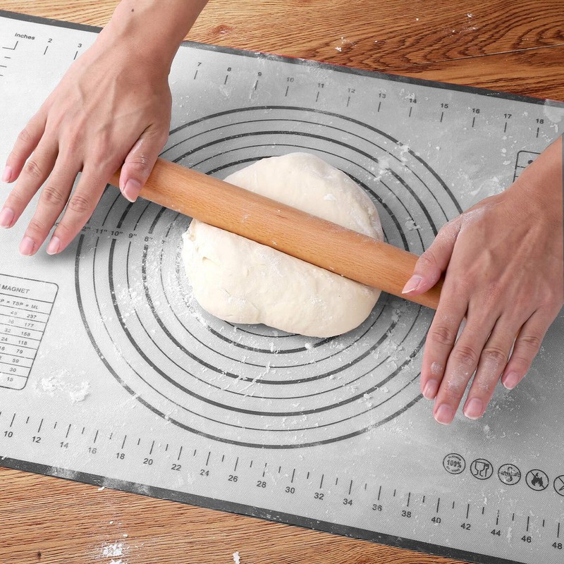 French Rolling Pin with Silicone Baking Mat Beech Wood Dough Roller for Baking gallery