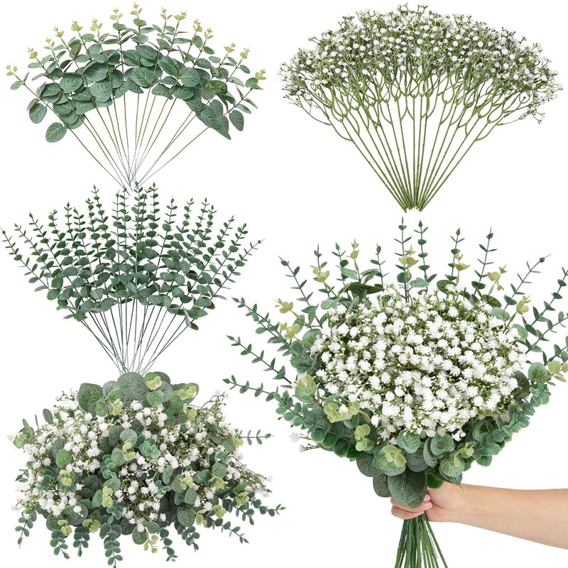 Serwalin 50 Pcs Mixed Artificial Eucalyptus Stems,Babys Breath Artificial Flower