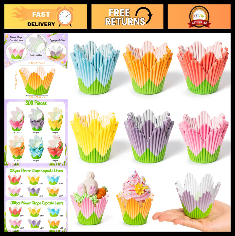 300pcs Flower Cupcake Liners – Easter Baking Cups, Spring Tulip Muffin Wrappers