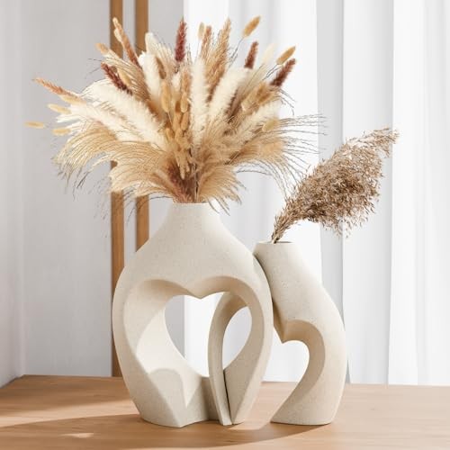 Vases for Decor, Heart Shaped Ceramic Vase Set of 2, Nordic Heart Shaped White