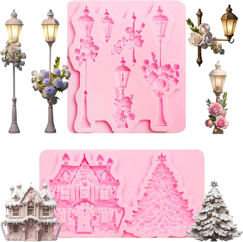Christmas Tree Silicone Molds, Set of 2, Street Lamp Snow House Fondant Molds fo