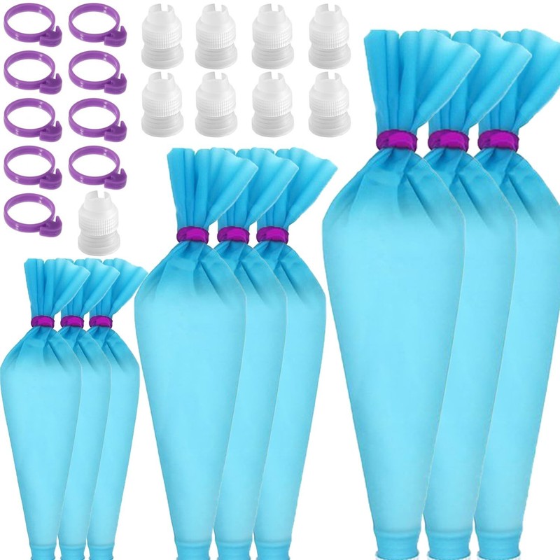Cake Deco Supplies,3Silicone Piping Bags,9Couplers, Frosting Tools,Blue