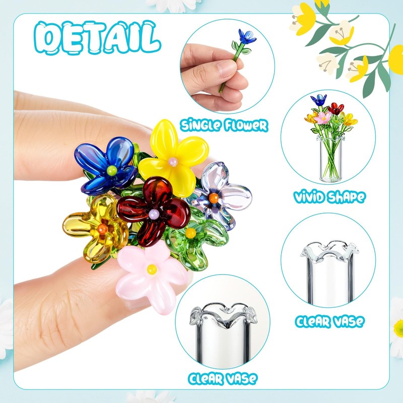 Fiwochic 7 Pcs Miniature Glass Flower Leave And 1 Pcs Vase Set Small Mini Glass gallery