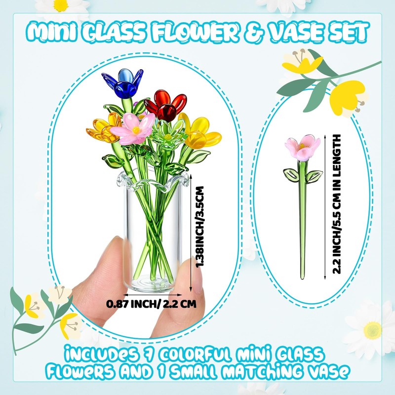 Fiwochic 7 Pcs Miniature Glass Flower Leave And 1 Pcs Vase Set Small Mini Glass gallery