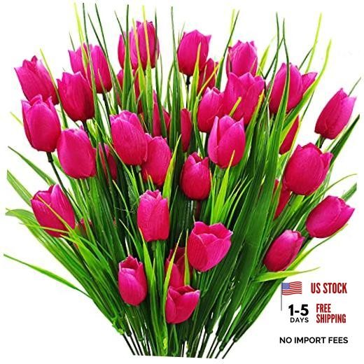 8 Bundles Outdoor Artificial Tulips Fake Flowers UV Resistant Faux Rose Red