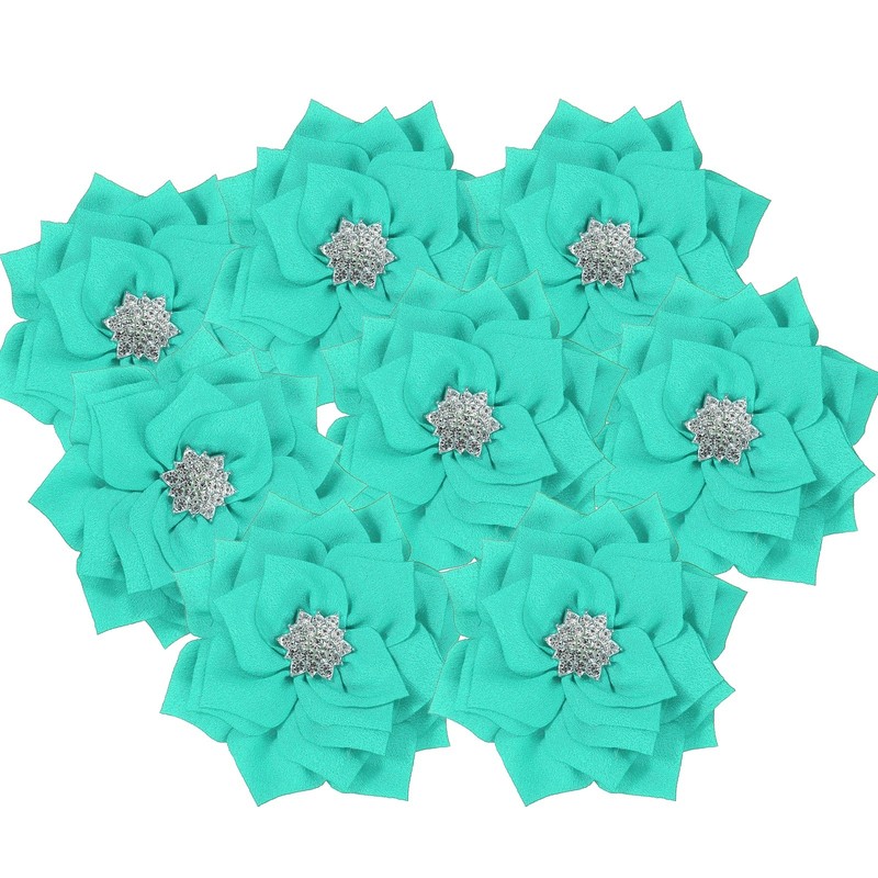 3 Inch 10Pcs, Rhinestone Pearl Chiffon Flower Turquoise