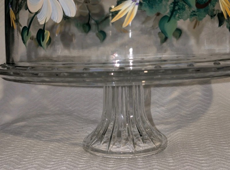 Cake Pedestal Glass Dome Covered Stand Hand Painted Floral Signed 11"W OOAK gallery