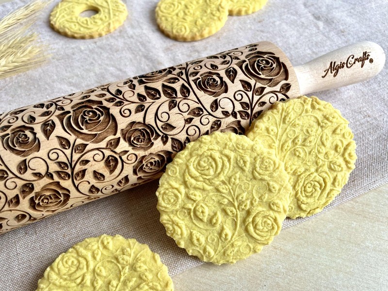DAMASCUS ROSES Embossed Rolling Pin Wooden Embossing Dough Roller for Cookies... gallery