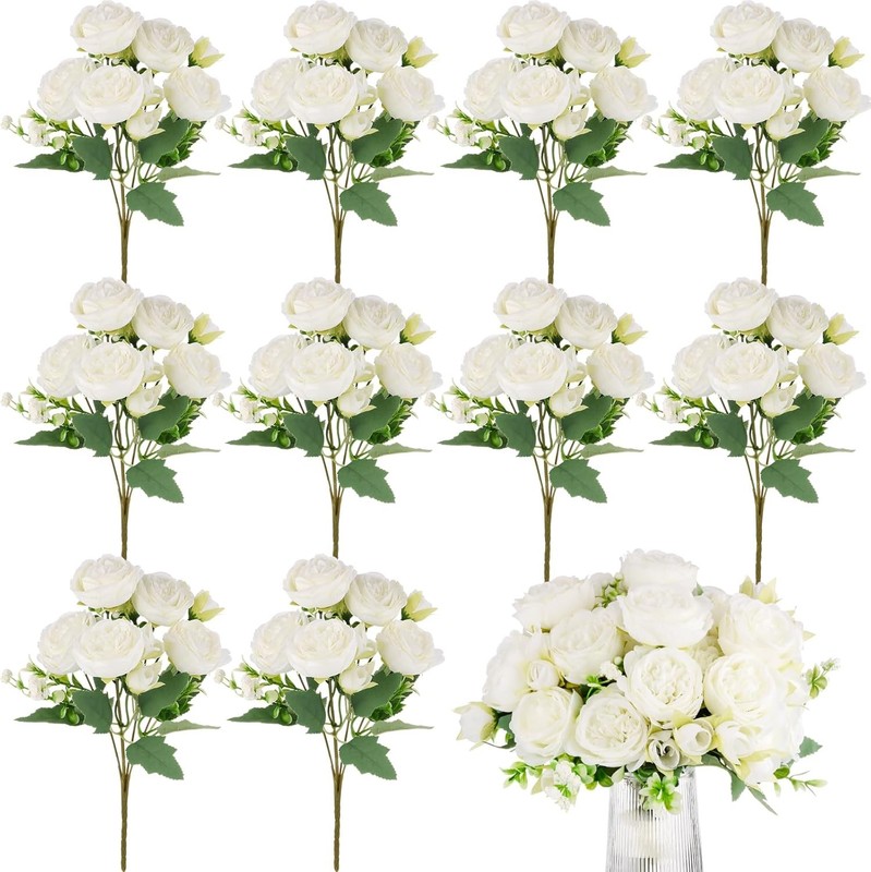 12 Bundles White Artificial Peonies Silk Flowers for Wedding Decor