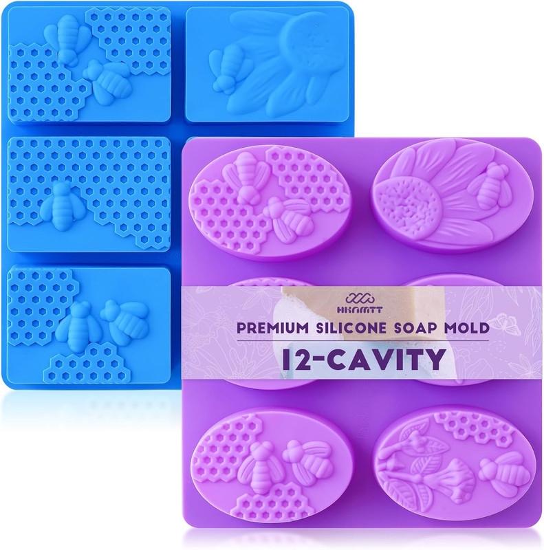 Silicone Bee Honeycomb Flower Oval Bar Molds, 6 Shapes 12 Cavities for Candy Soa