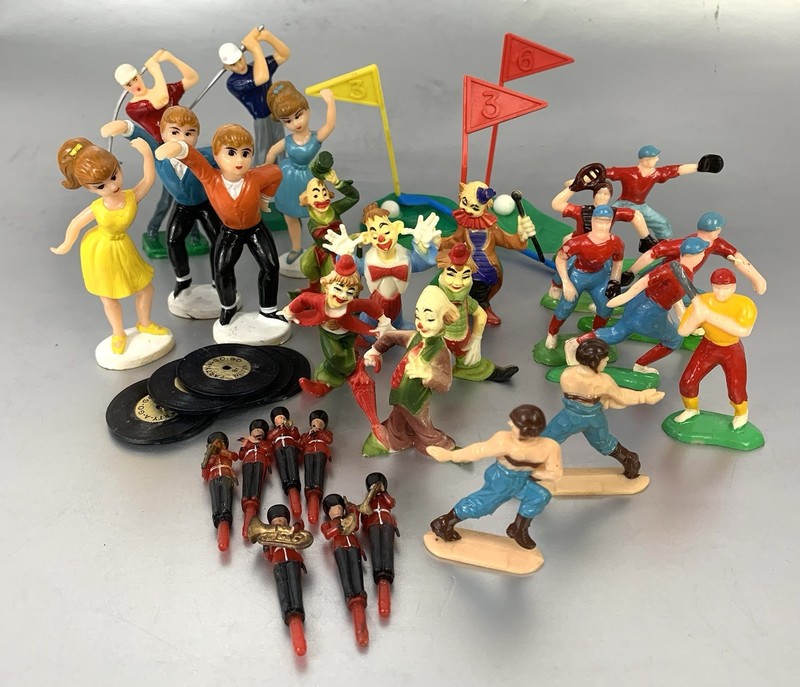 Lot VINTAGE PLASTIC CAKE TOPPERS Golf, Dancers, Clowns, Soldiers, Baseball