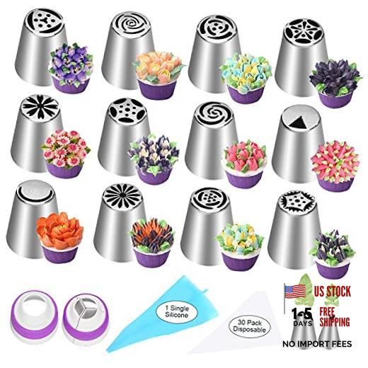 47 Pcs Russian Piping Tips Set, 12 Flower Frosting Nozzles Icing 47 pcs set