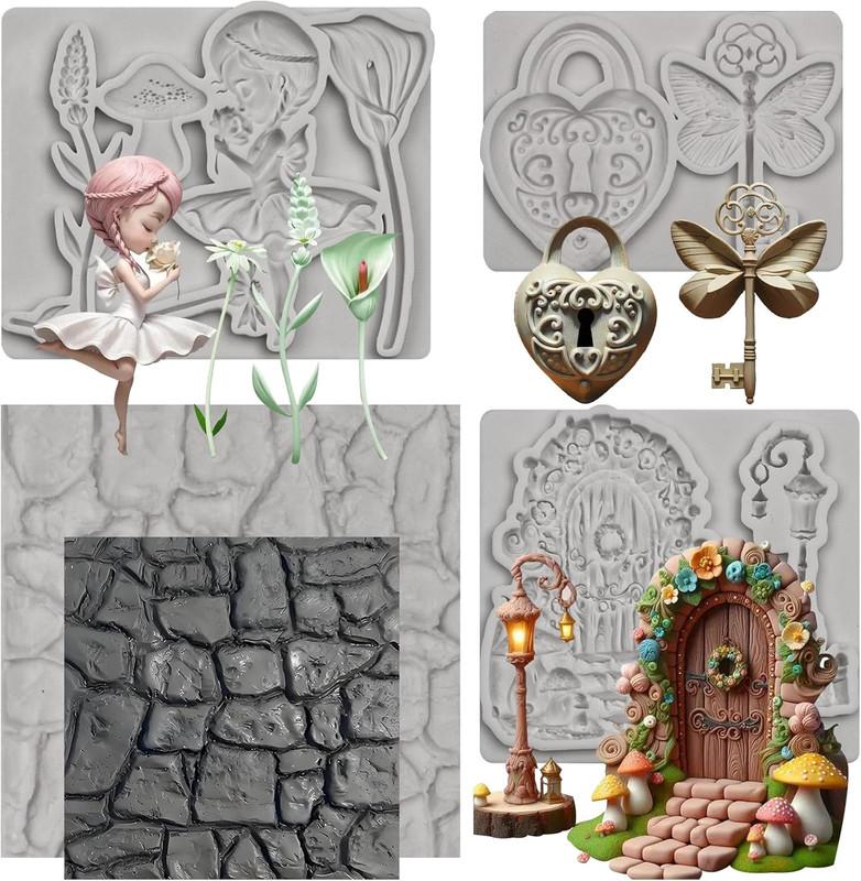 Fairy Garden Silicone Molds,Door Lock and Key Fondant Molds Stone Wall Pattern C
