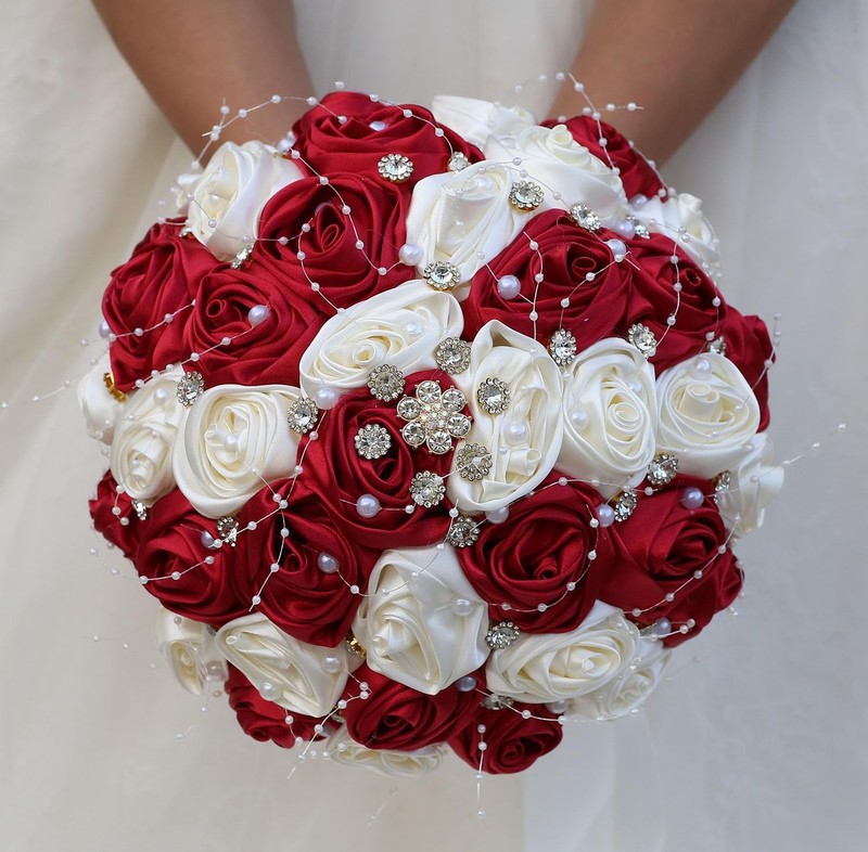 Mhojpik Bridal Wedding Bouquet Round Bling Brooch Rose Bunch Ruby Red & Ivory gallery