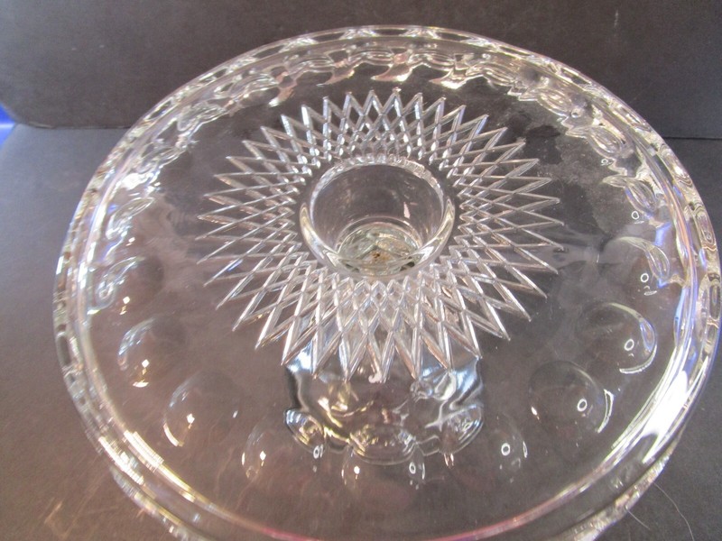 McKee Plymouth Thumbprint Clear Glass Cakestand 10" Round w Rum Well 1957-1958 gallery