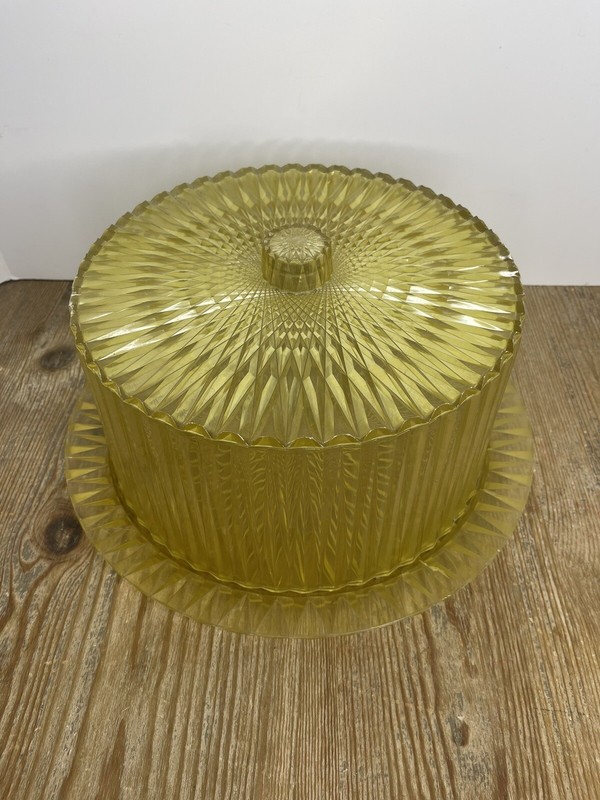 60's 70's Plastic Acrylic YELLOW Cake Plate & Dome Cover RARE Vintage gallery