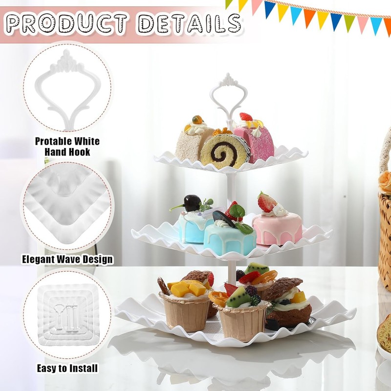 3 Tier Cupcake Stand Bulk Square Tiered Dessert Stand Holder Wave Edge 8 Pack gallery