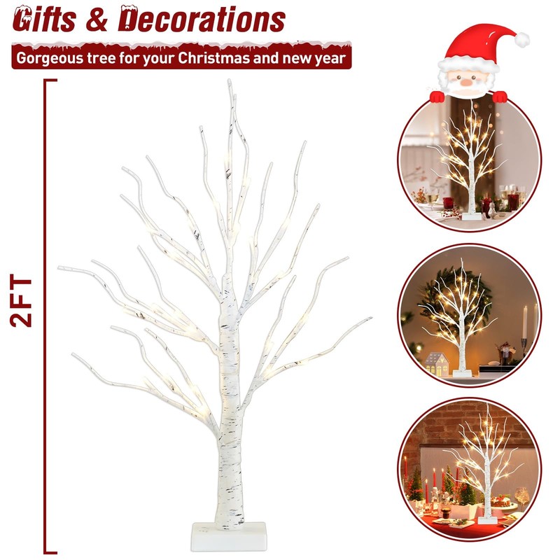 Peiduo Artificial Tree For Christmas Decorations 2Ft Birch Tree Led Lights Warm gallery