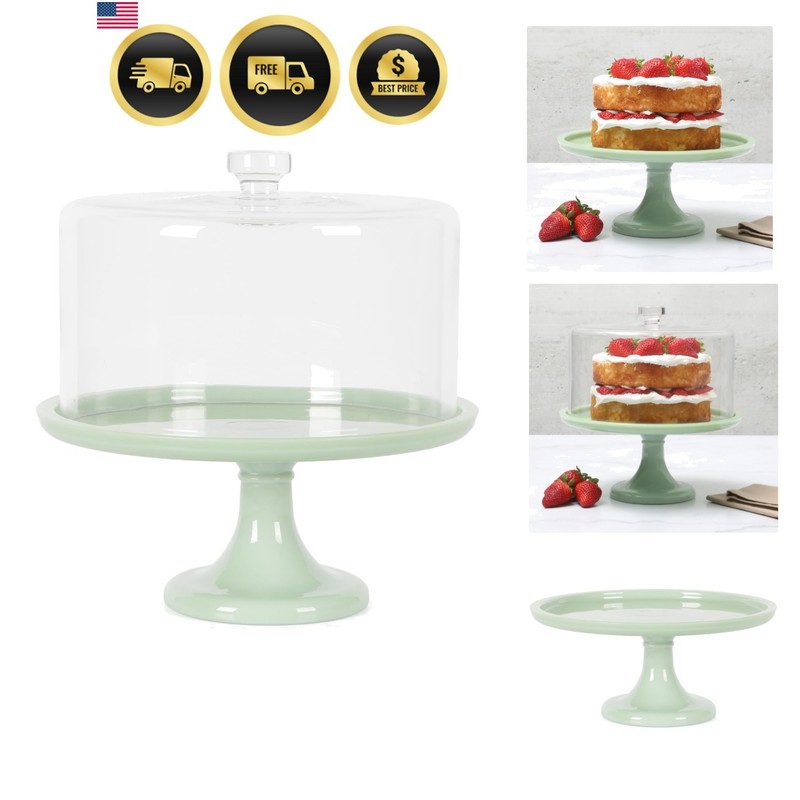 Highbrook 10-Inch Jadeite Cake Stand with Glass Dome – Vintage-Style Pedestal…