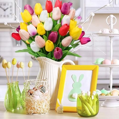28pcs Multicolor Flowers Artificial Tulip Stems Real Feel PU Tulips Multi Color gallery