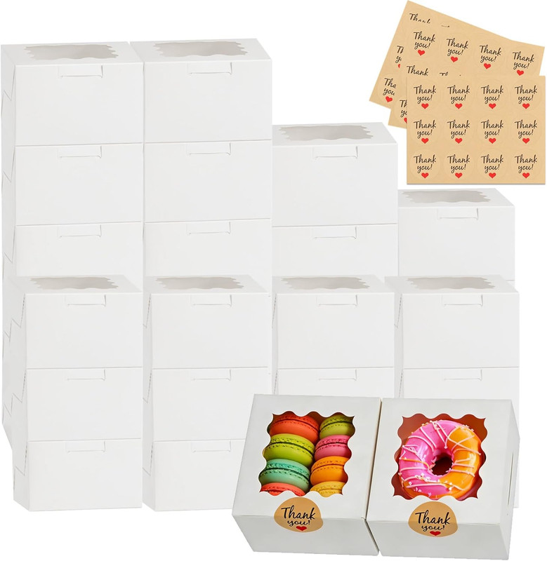 26 Pcs Cookie Boxes with Window, 4x4x2.5 Inches Small Cupcake Boxes, White Treat