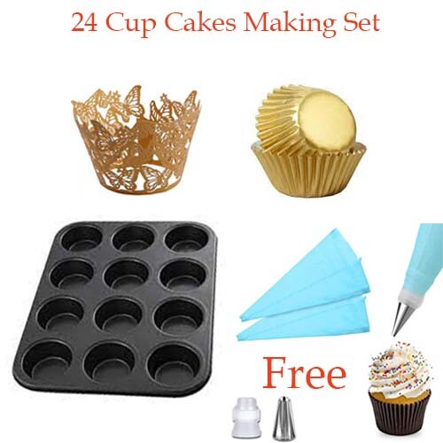 24 Pcs Gold Cup Cake Making Tool Kit Lace Wrappers Liners Stainless Steel Mold