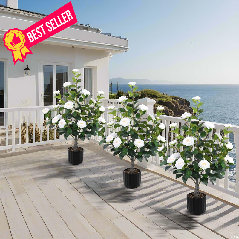 Hananona 2 Pcs Artificial Camellia Trees Faux Plant in Medium, White gallery